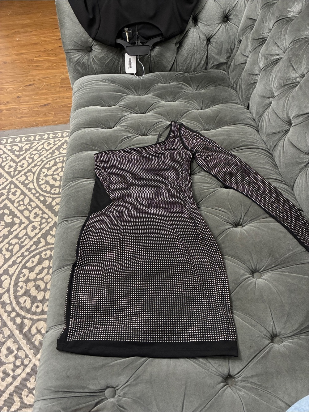 bebe Black One-Shoulder Rhinestone Bodycon Dress